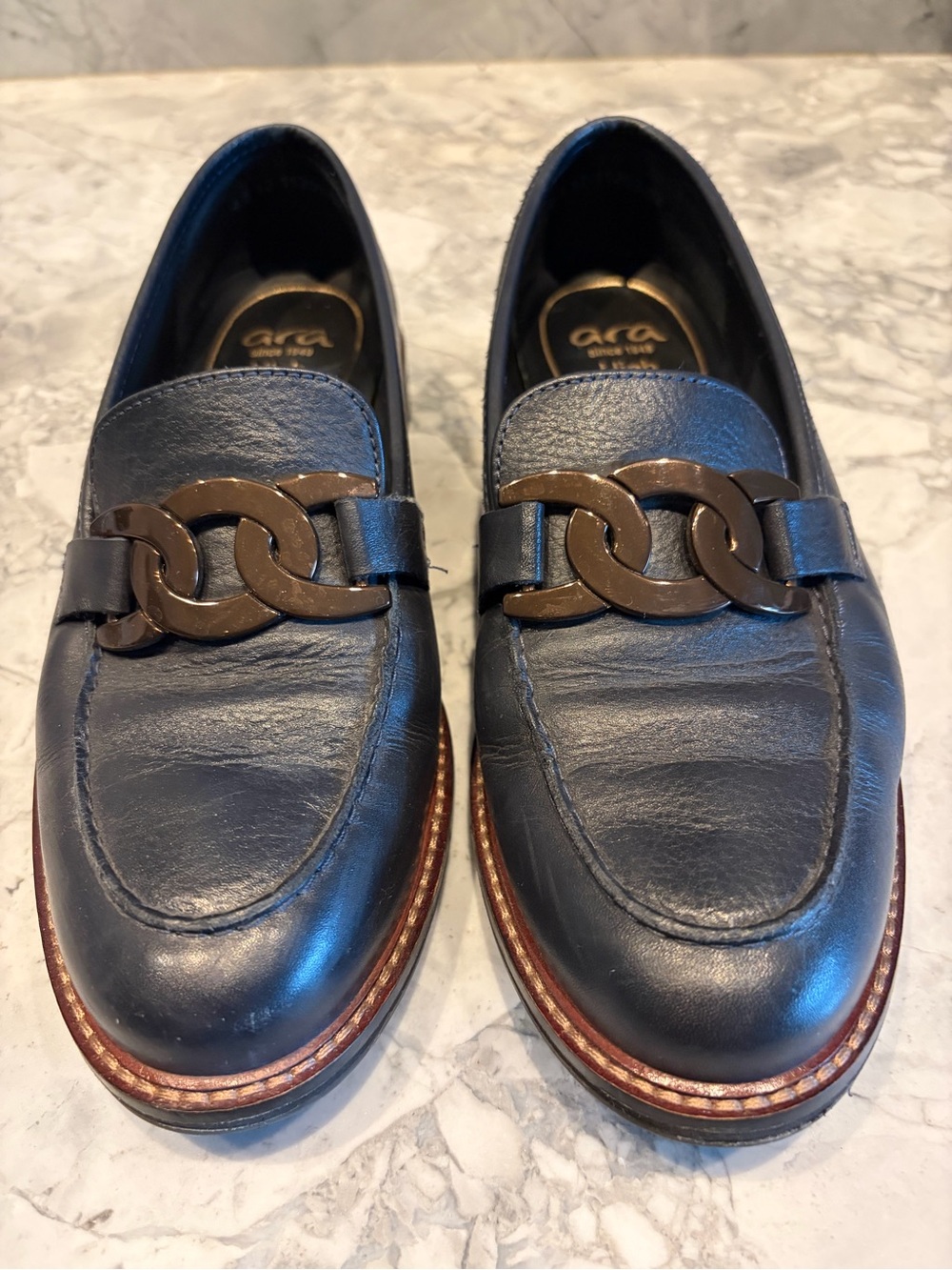 Ara Navy Leather Chain-Trim Loafers